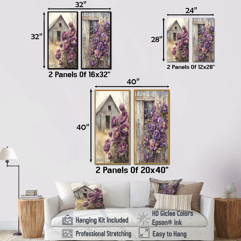 Lavande pivoines par The Weathered Barn I - décoration murale en toile florale 2 panneaux, H 32 po x l 33 po