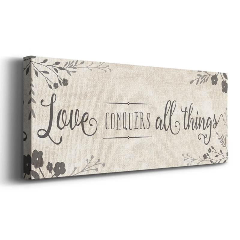 «Love Conquers On Canvas», art textuel, H 12 po x l 30 po x P 1,5 po