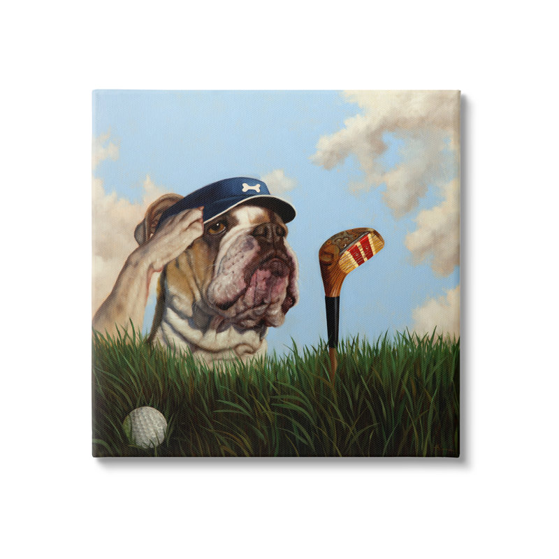 «Bulldog Golfing Illustration» par Lucia Heffernan, H 24 po x l 24 po x P 1,5 po, Estampe numérique Farmhouse
