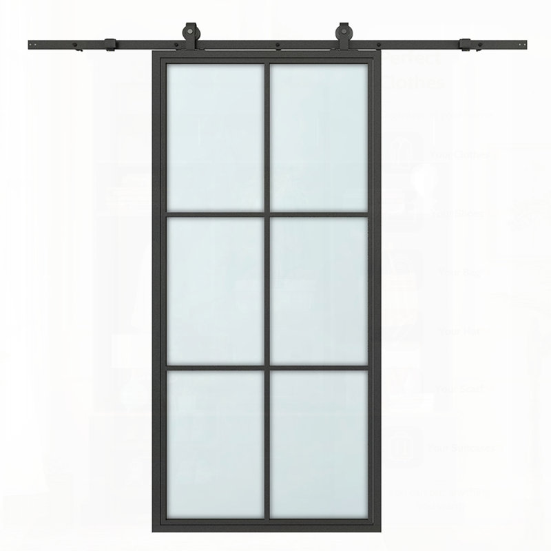 Porte de grange coulissante intérieure en aluminium noir en verre givré 6-Lite avec trousse de quincaillerie, parfaite pour les espaces modernes et minimalistes