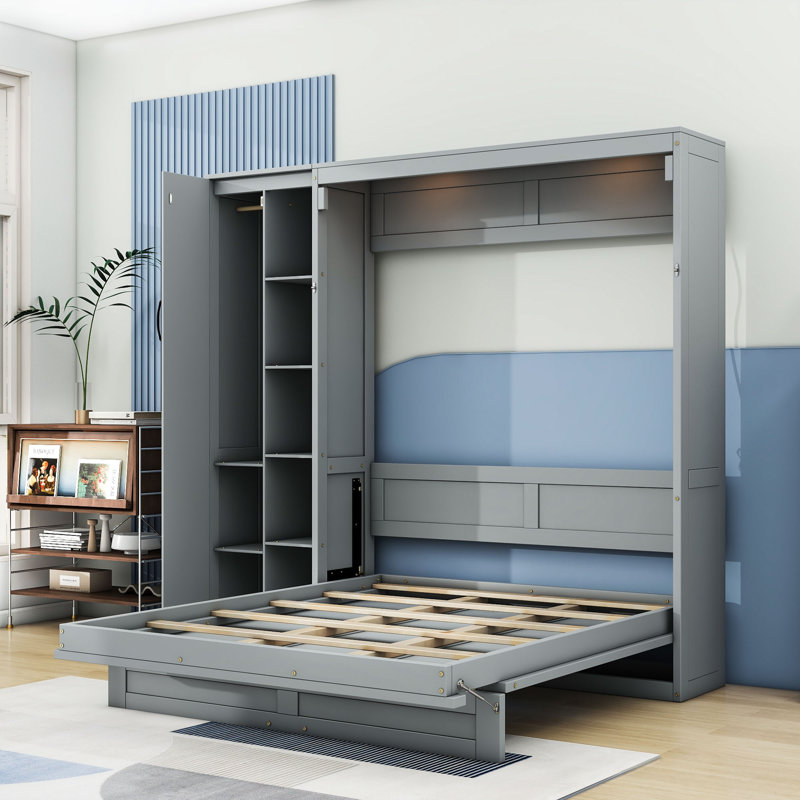 Lit escamotable en bois avec tablettes et garde-robe, gris, Double