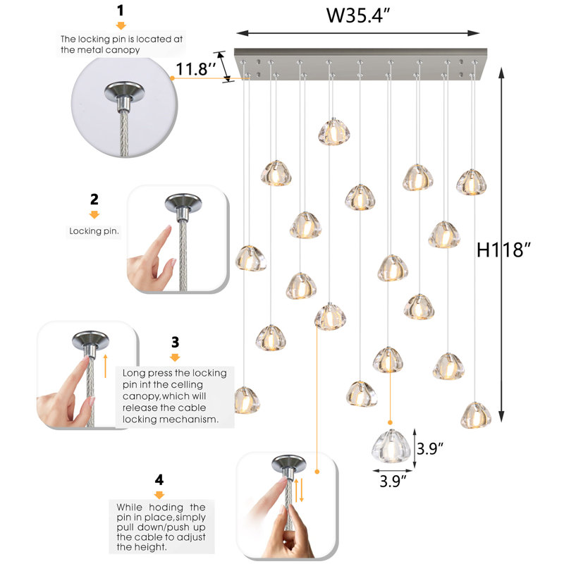 18-Light Rectangular Dimmable Crystal Led Chandelier Adjustable Long Lights, Silver