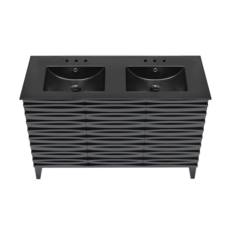 Cascade 48 po Meuble-lavabo double avec comptoir à 3 trous en céramique, Noir, Noir