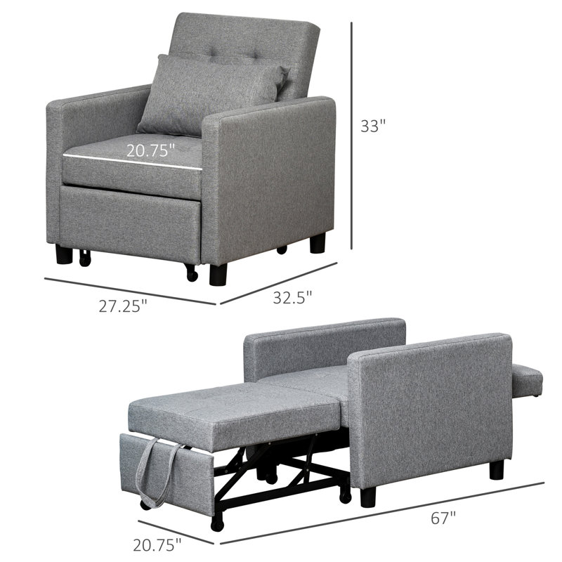 Canapé-lit convertible avec méridienne et canapé-lit inclinable avec tissu capitonné, dossier à angle réglable et coussin, gris