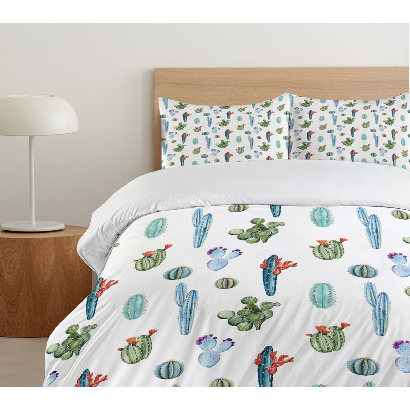 Blue and Green Cactus Print Queen Duvet Cover Set