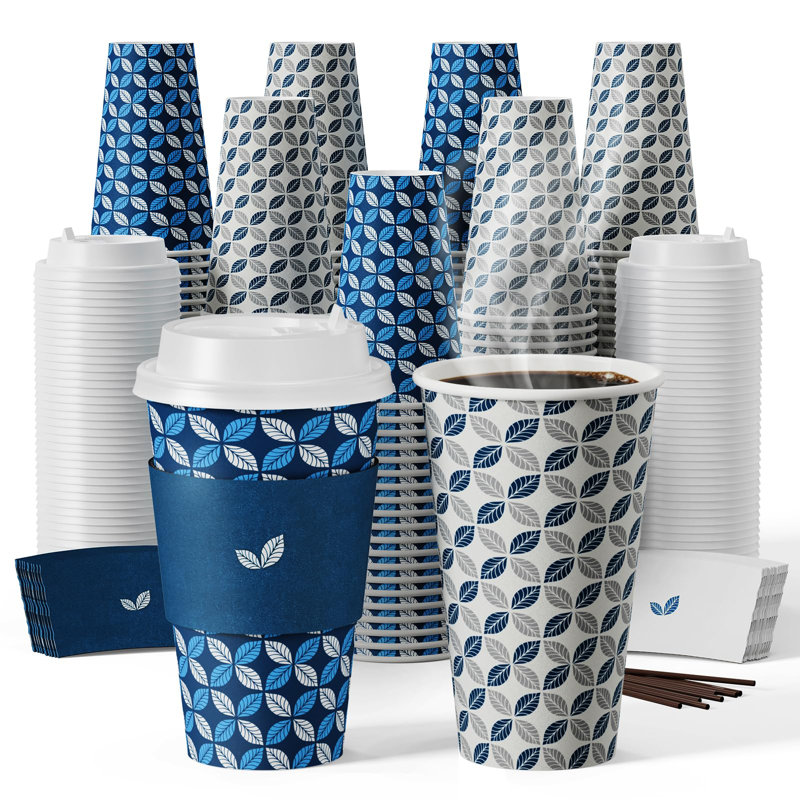 16 tasses à café 16 oz avec couvercle, paquet de 100 tasses à café jetables en papier chaud avec couvercles, manchons et agitateurs pour Noël, l'Action de grâce, la fête