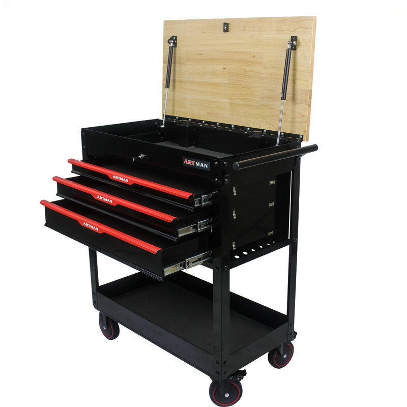 Chariot à outils multifonctionnel à 3 tiroirs avec roulettes et plateau en bois, Noir / Rouge