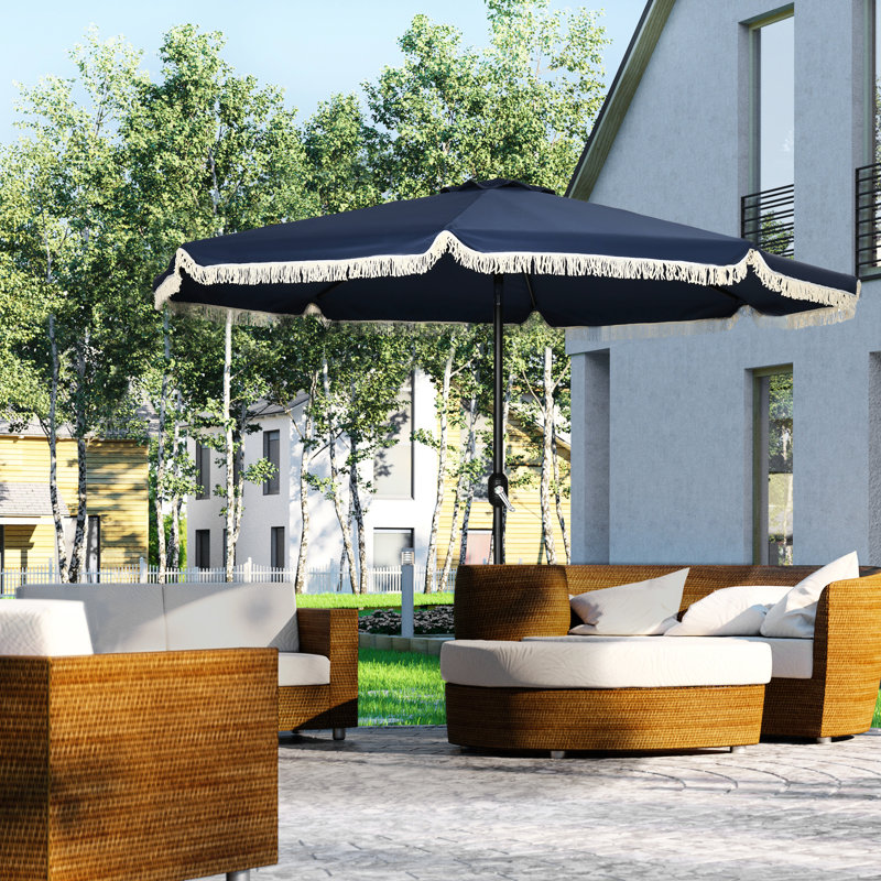 Parasol de patio bleu foncé 9 pi, avec mécanisme d'inclinaison et de manivelle, à volants pour parasol 9 pi de jardin