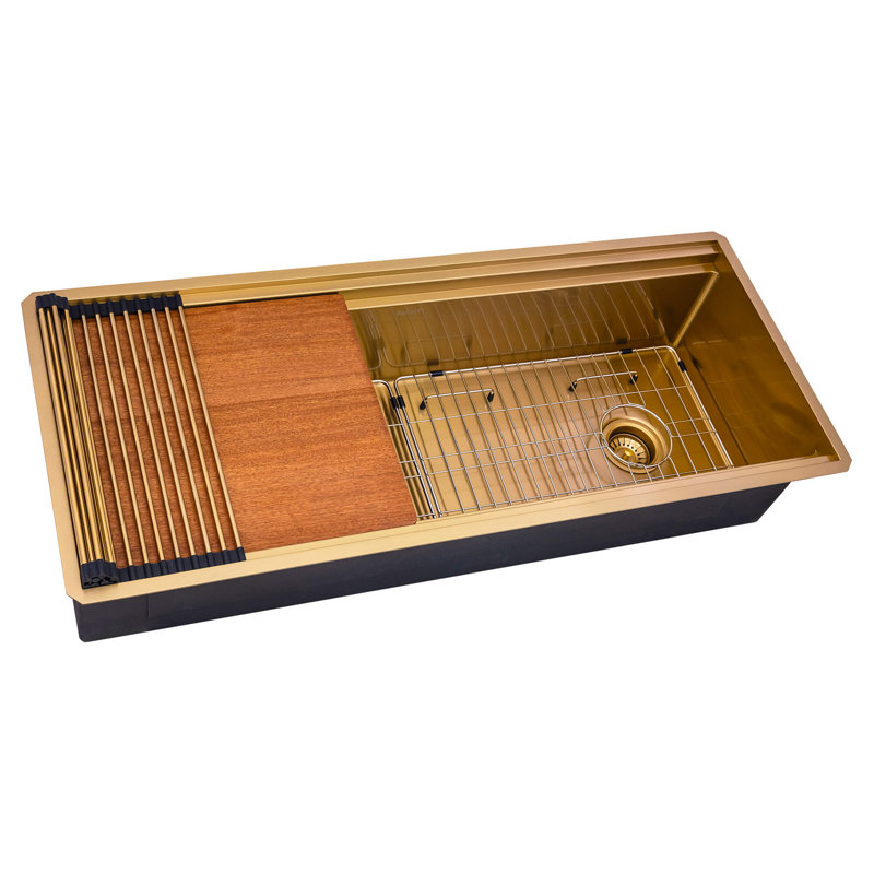 Ruvati 45-inch Stainless Steel Workstation Two-Tiered Ledge Undermount Kitchen Sink, Matte Gold Satin Brass