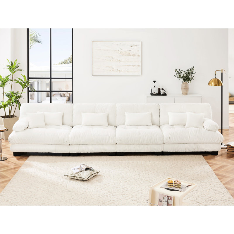 4 Canapé modulaire en chenille blanc: canapé confortable pour un appartement. Revêtement. Conception exquise rembourrée. Rembourrage intérieur. Combinaisons flexibles. Accoudoirs avec soutien supplémentaire. Coussins décoratifs