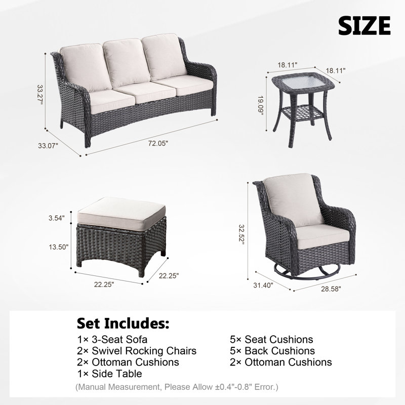 6 - Person Patio Conversation Set with Cushions, Beige, Brown