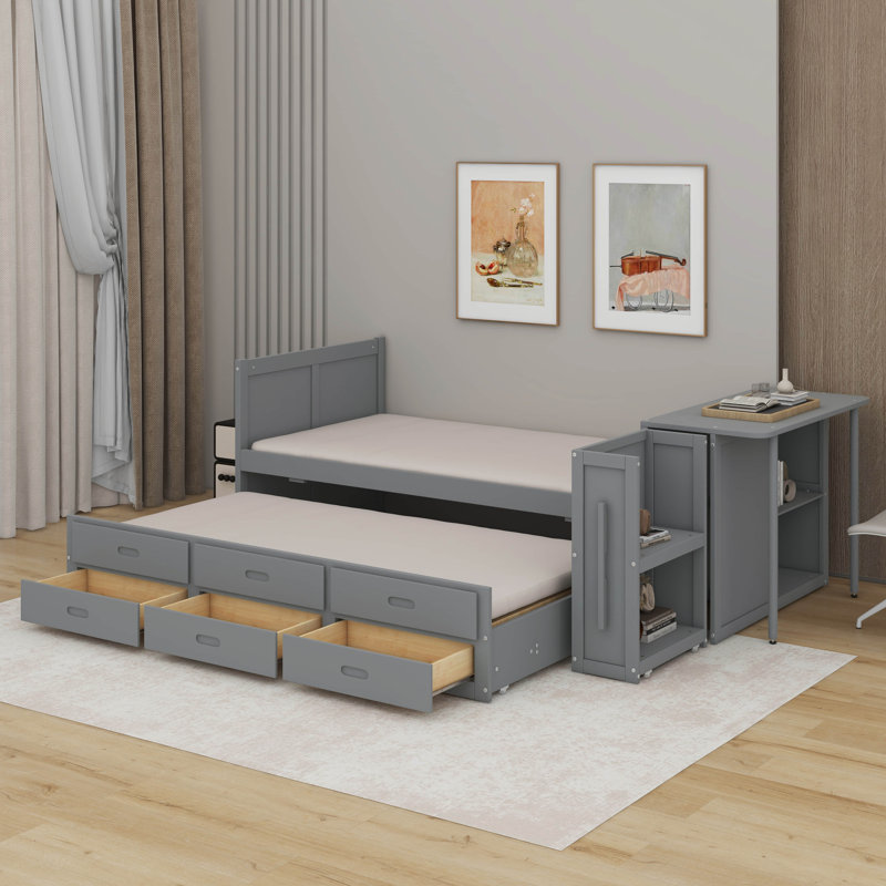 Lit plateforme simple en bois avec bureau et tablette de rangement, Gris