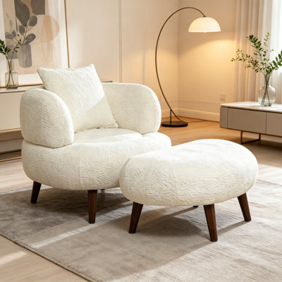 Lazy-Style clubchair 36 Inches Chenille Fabric Bucket Chair Decorative chair Soft Cushion with pillow with ottoman for Living Room Study and Relaxation Room White