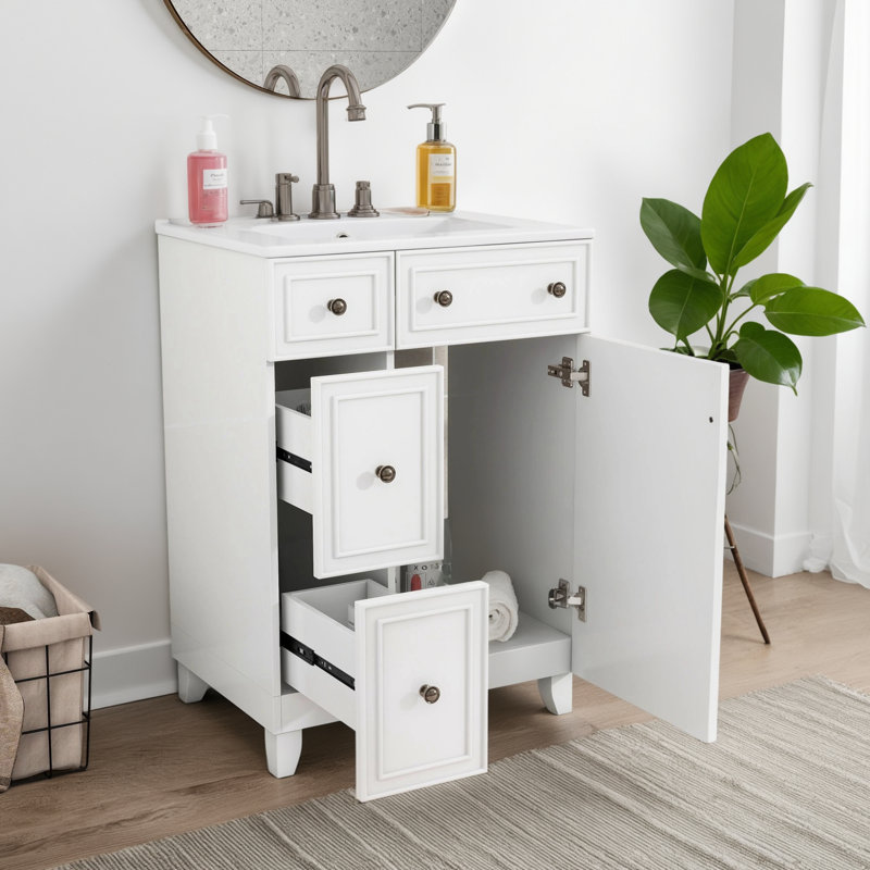 24" Bathroom Vanity With Ceramic Sink | 2 Drawers + 1 Door Practical Storage