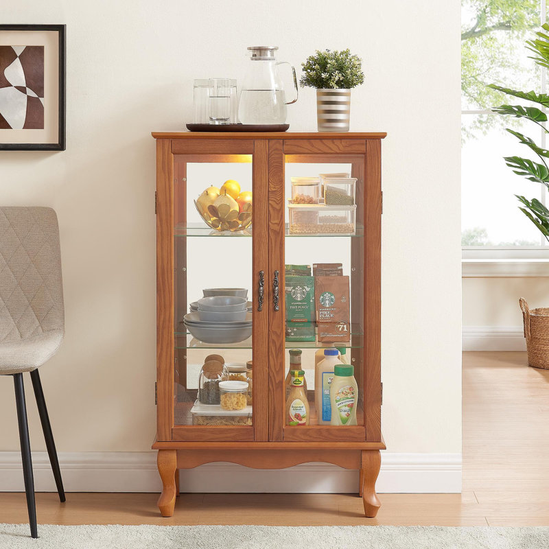 2 Doors Curio Cabinet With Tempered Glass Doors, Curio Cabinets With Mirrored Back Panel And Adjustable Shelves, Lighted Display Cabinet For Home, Office Light Bulb Included Oak