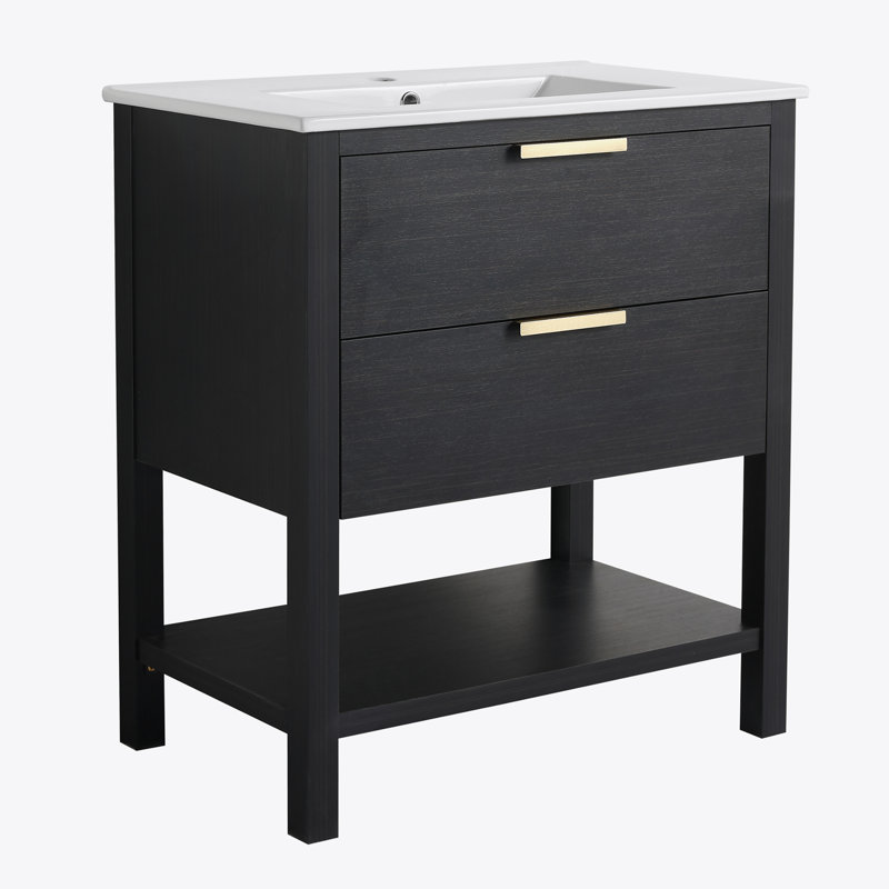 Meuble-lavabo de 30 po avec lavabo et 2 tiroirs à fermeture en douceur, poignée dorée-LPB01030BCTG-BL9075