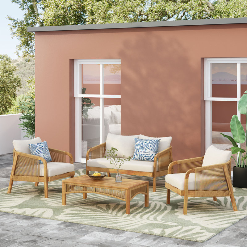 Ensemble de conversation 4 pièces en bois d'acacia avec table basse et assise profonde avec coussin moelleux