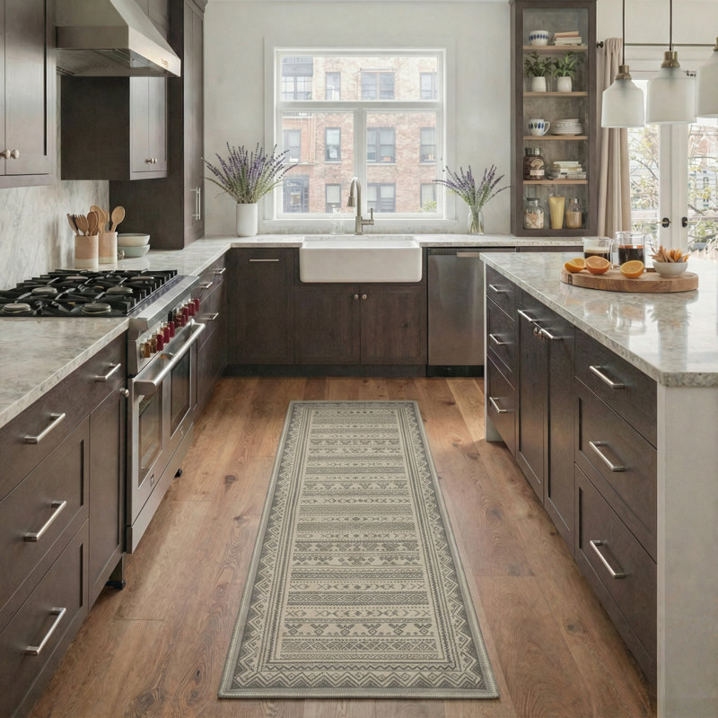 Tribal Geometric Machine Washable Sand Beige Indoor Area Rug With Non-Slip Backing, Runner 2' x 7'