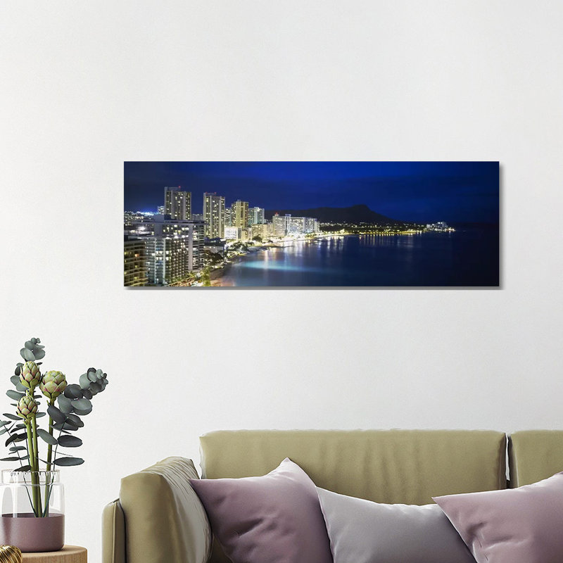 Buildings On The Waterfront, Waikiki, Honolulu, Oahu, Hawaii, USA - Wrapped Canvas Panoramic Print