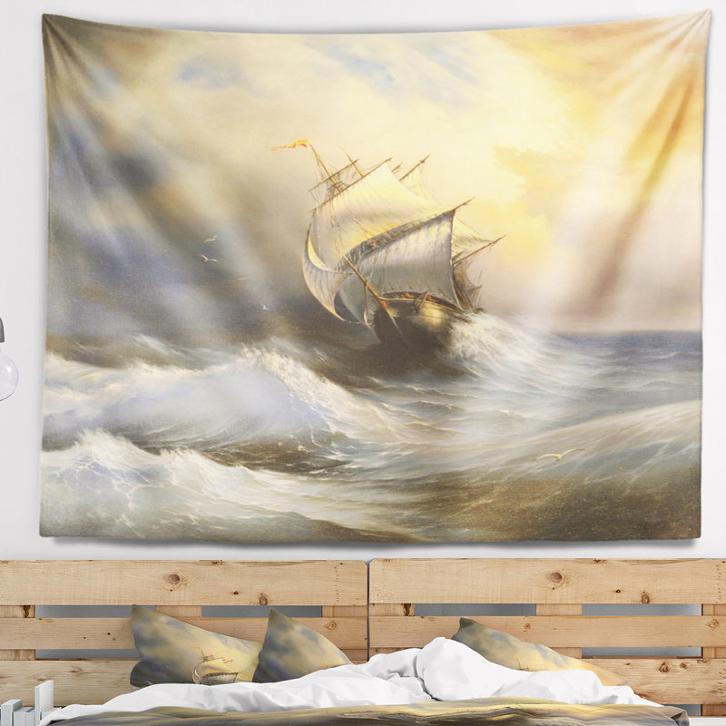 Navire dans la tapisserie de la mer orageuse Seascape, H 50 po x l 60 po