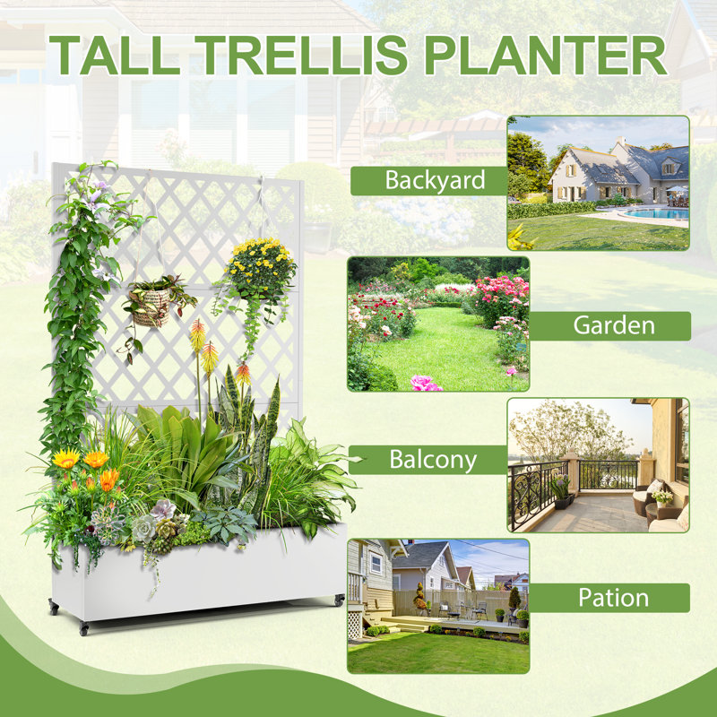 Metal Raised Planter Box with Diamond Trellis and Rolling Wheels, Outdoor Garden Bed with Drainage for Patio, Balcony & Small Spaces