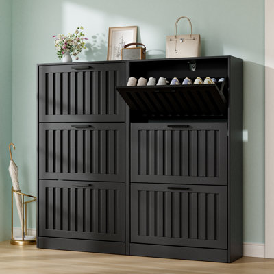 Armoire de rangement pour chaussures avec 3 tiroirs rabattables, organisateur autoportant moderne avec tablette réglable, étagère à chaussures étroite pour entrée, noir