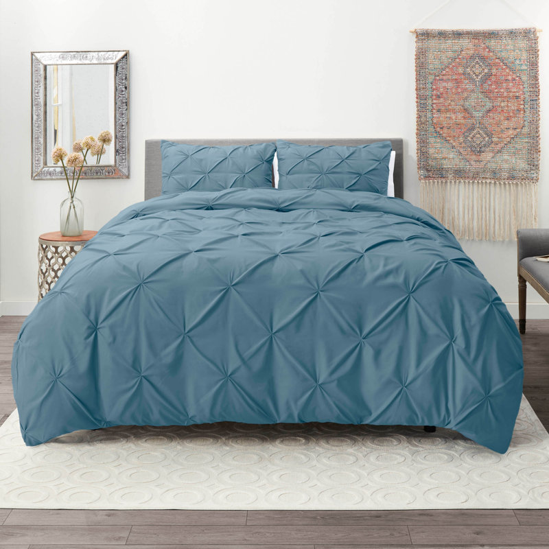 Double Brushed Pleated Duvet Cover Set, Blue Heaven, Full Duvet Cover + 2 Standard Pillowcases