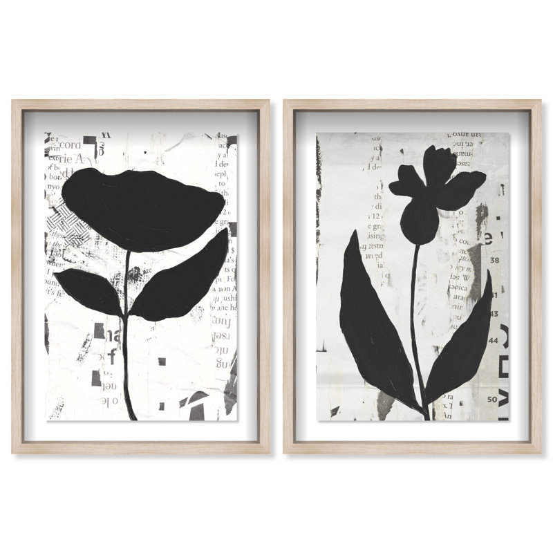 Single Flowers Set Shadowbox Abstract Print by Oliver Gal, Black Frame, 10 x 15, 74"H x 50"W, Natural Oak Shadowbox