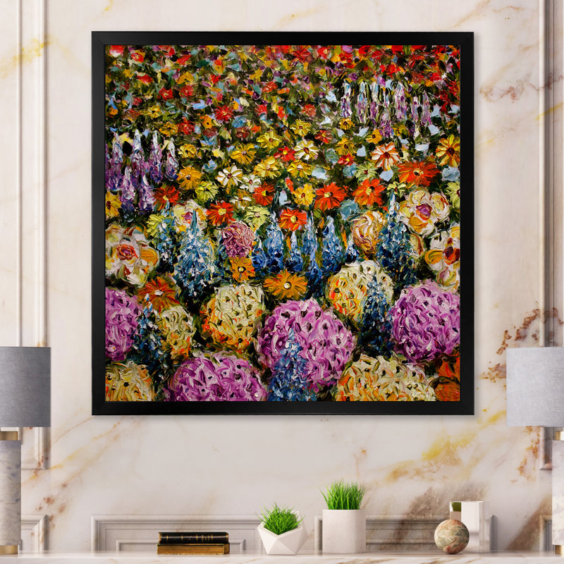 Fleurs vibrantes colorées et vibrantes - Peinture, H 16 po x l 16 po, Cadre photo noir