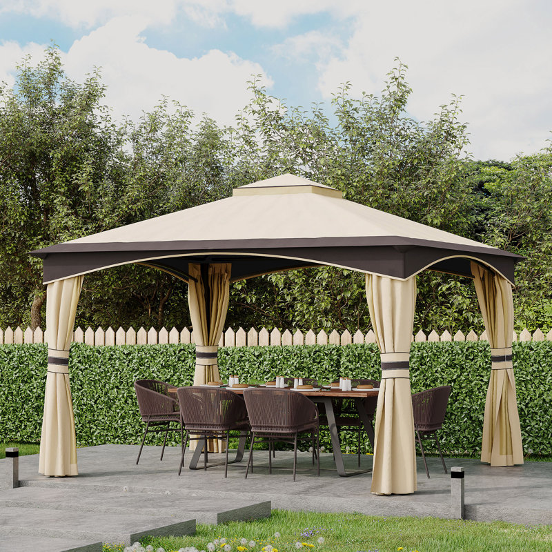 Outdoor Gazebo With Netting And Curtains, Patio Gazebo Canopy With 2-Tier Soft Top Roof And Steel Frame For Lawn, Garden, Backyard And Deck