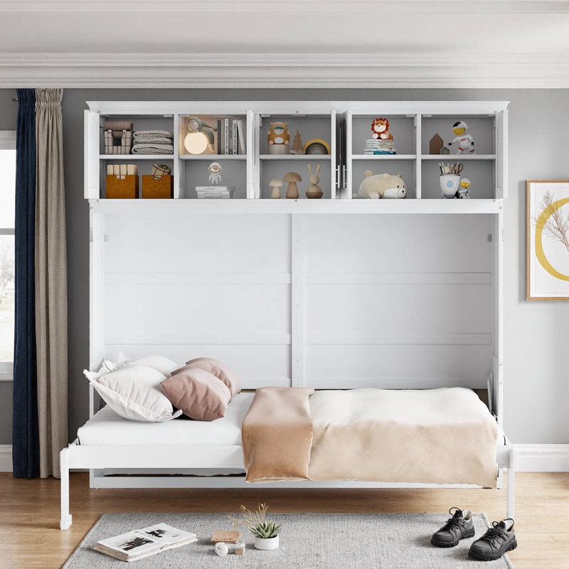 Grand lit escamotable mural avec armoires supérieures, Blanc