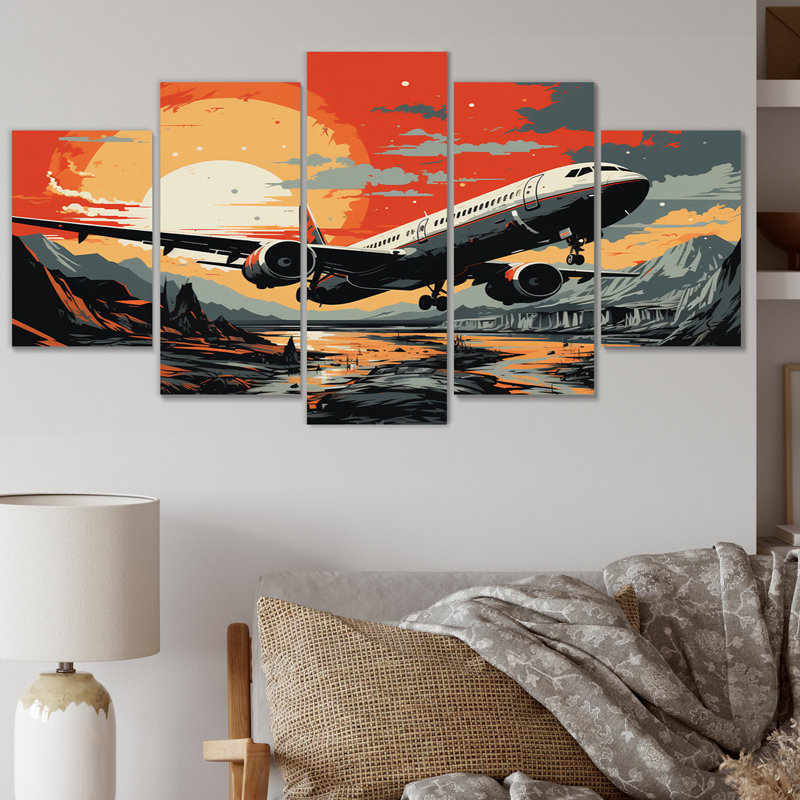  «Orange Sunset Overs The Plane Flight - Décoration murale transport - 5 panneaux