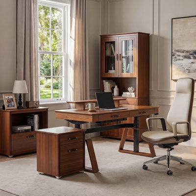 63" Walnut Full Home Office Set, Height Adjustable Standing Desk with Storage Cabinet, Bookcase & Ergonomic Executive Office Chair