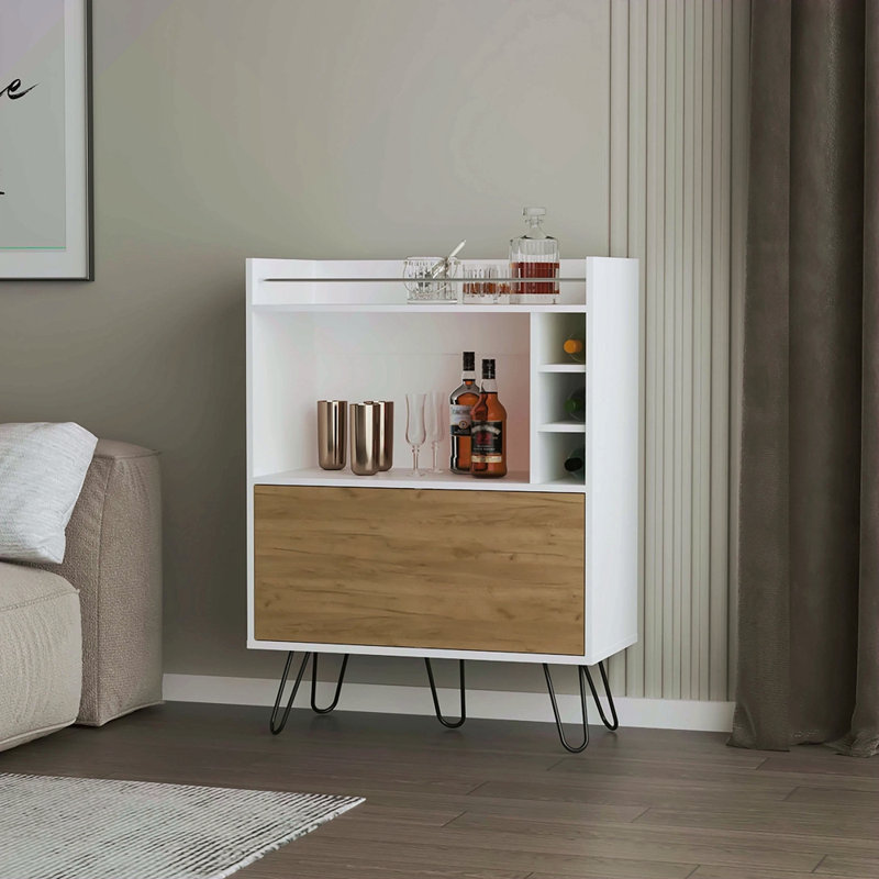 Bar avec porte rabattable et rangement pour bouteilles de vin