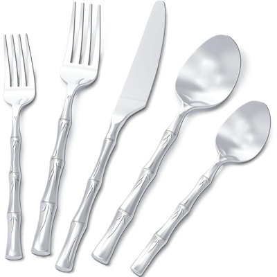 Bamboo Handle 20-Piece Stainless Steel Flatware Set, Mirror Polished Cutlery For 4