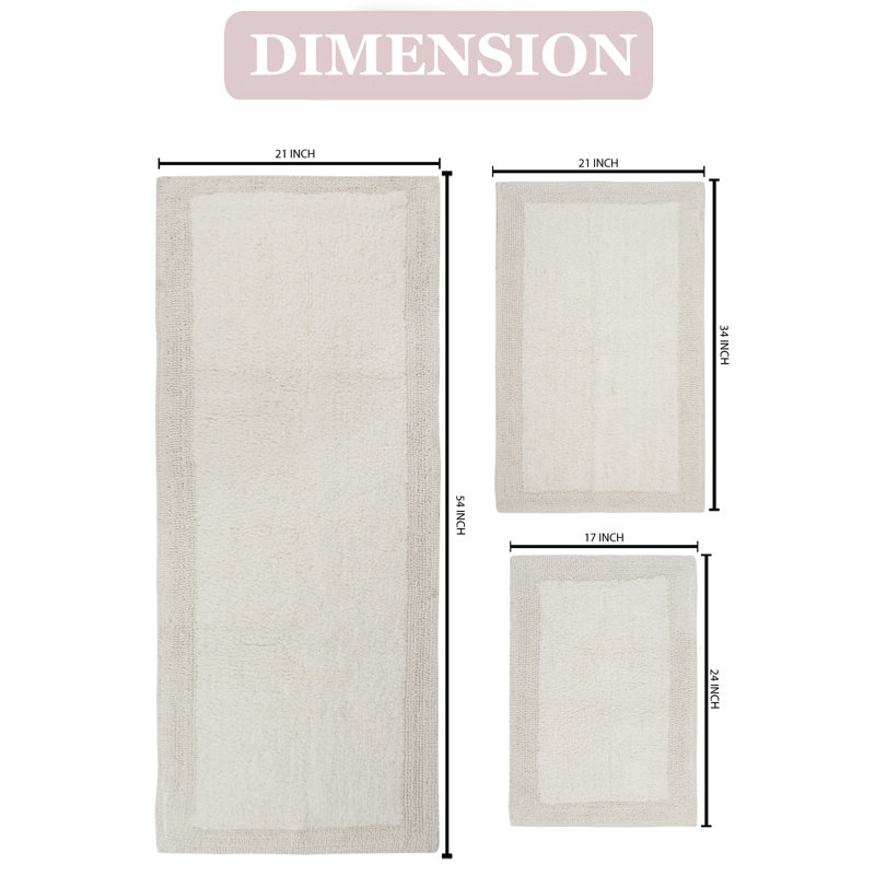 Bruss Luxury 100% Cotton Reversible Bath Rug (Set of 3), Ivory