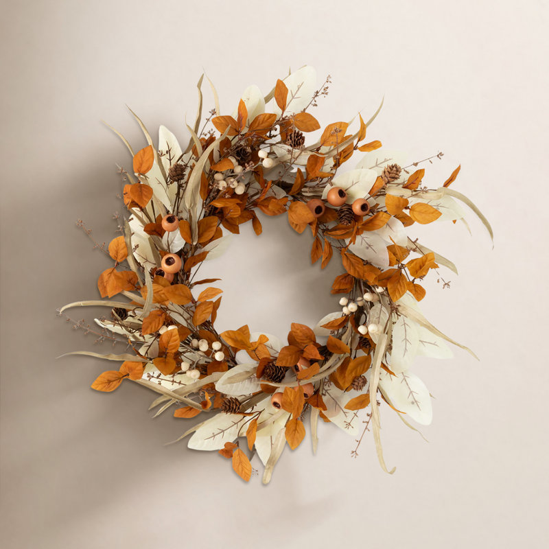 24" Artificial Mixed Foliage Fall Wreath, Brown
