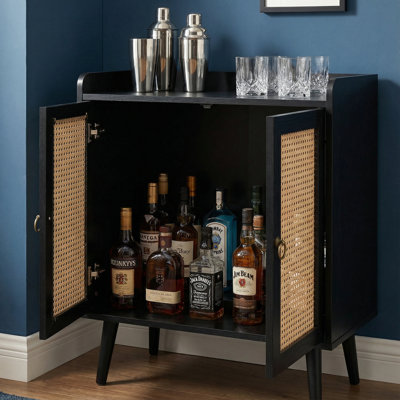 Oagne Coaer 30" Black Sideboard with Handwoven Rattan Doors, Waterproof Buffet Cabinet & Bar Storage with 80 lbs Shelves, Credenza for Dining & Living Room