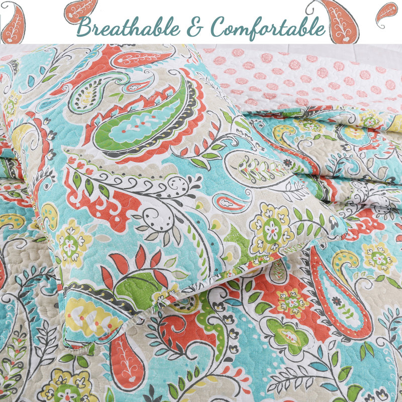 Queen Size Blue Cotton Reversible Paisley Quilt Set