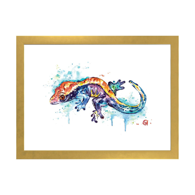«Gecko» par Lisa Whitehouse - impression d'art graphique, H 24 po x l 32 po x P 1 po, Papier encadré doré, Blanc
