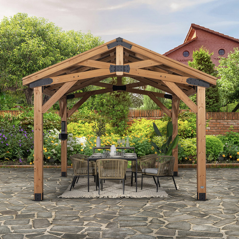 Backyard Discovery Norwood 14' x 12' Cedar Wood Outdoor Patio Gazebo with Hardtop Galvanized Steel Peak Roof and PowerPort