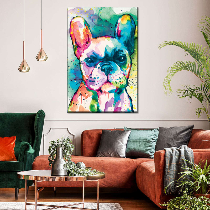 Bouledogue français, peinture sur toile, H 39 po x l 26 po x P 1,25 po