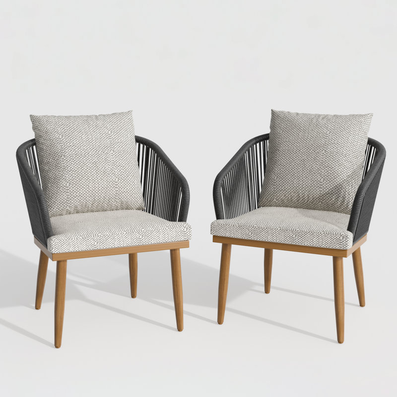 Patio Dining Armchair with Cushion, Beige Cushion/Grey/Brown Wood Frame