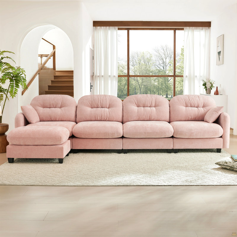 Canapé modulaire modulaire en forme de L avec repose-pieds, tissu chenille doux, conception ergonomique, conception plissée matelassée, base en bois de haute qualité facile à installer, s'adapte aux chambres à coucher, aux coins de lecture, rose