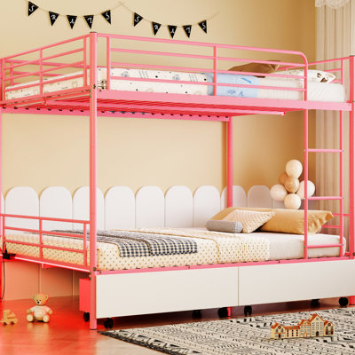 Lit superposé en métal rose avec charge, design, espace de rangement, sans sommier, peut être divisé en 2 lits simples, configuration de chambre à coucher moderne avec style, espace, divisibles