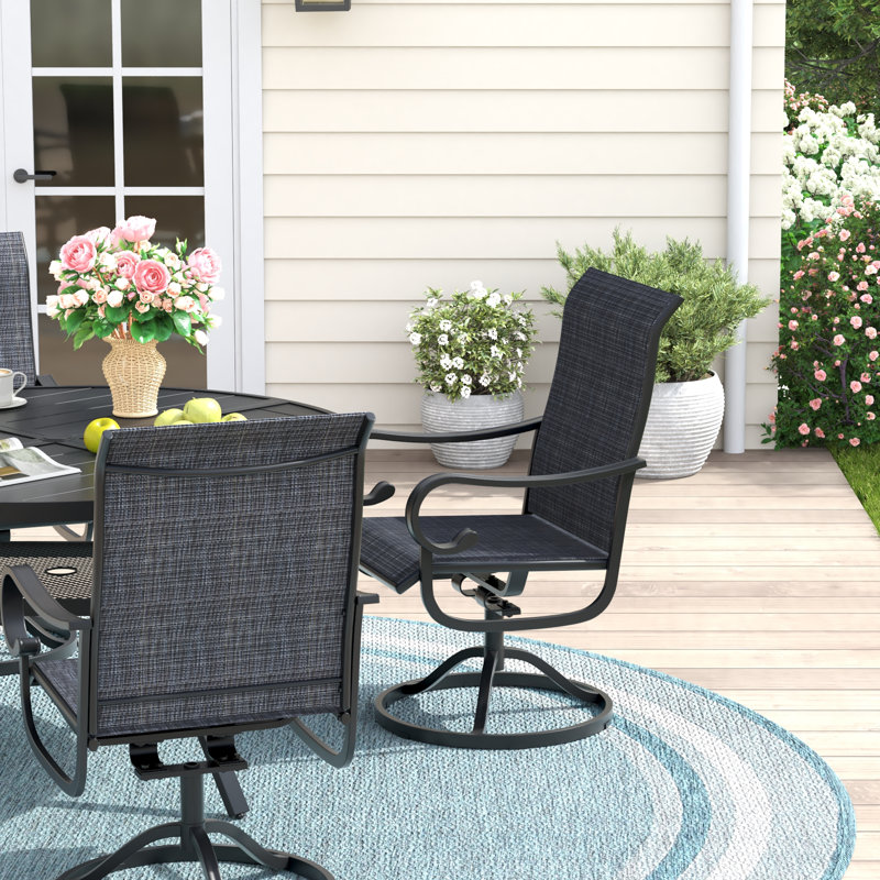 Aldreda 4-Person Round Patio Dining Set With Swivel Textilene Chairs, Black/Black/Black