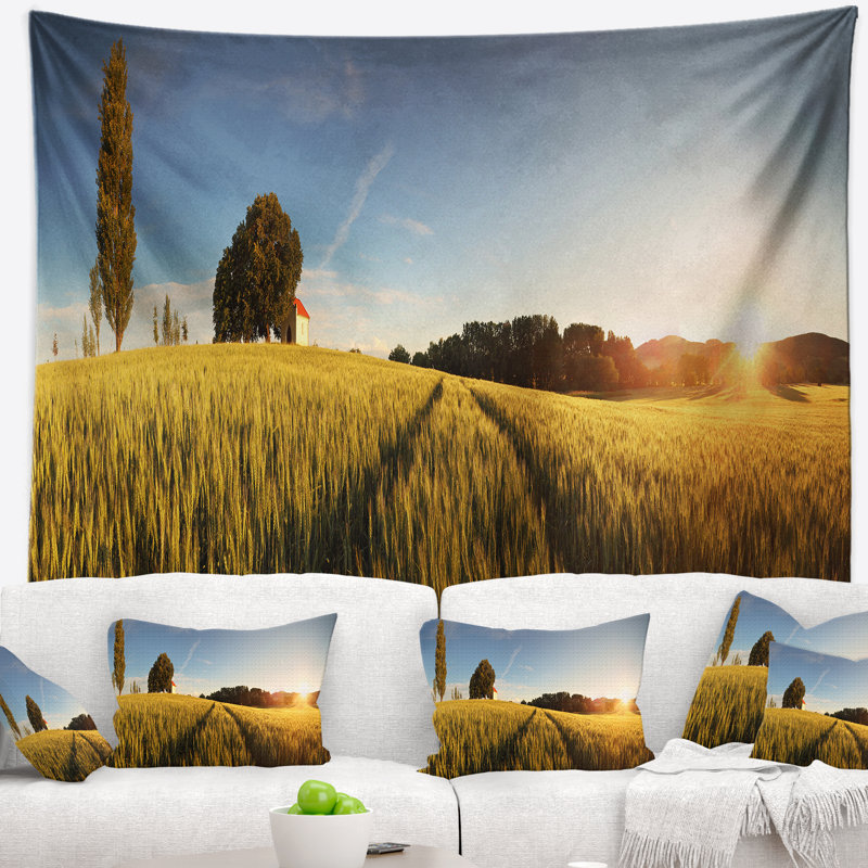 Photographie coucher de soleil sur le champ de blé en slovaquie tapisserie, H 68 po x l 80 po