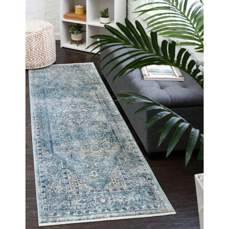 Tapis traditionnel Orea bleu-brun clair, Tapis de couloir 2 pi x 8 pi