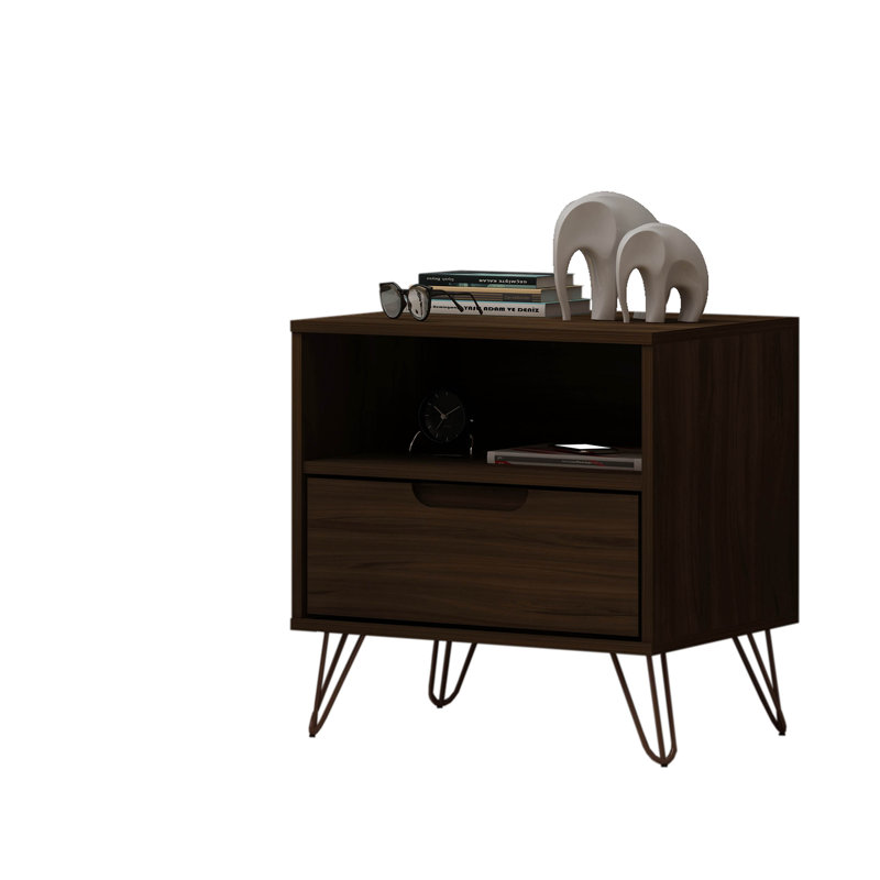 Rockefeller 20" Mid-Century Modern 1-Drawer Nightstand in Chestnut Brown, Brown