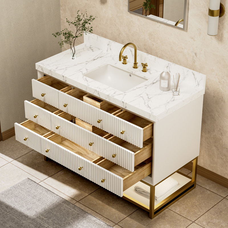 48 In. W X 22 In. D X 35.4 In. H Single Sink Bath Vanity In White With White Marble Top, White, 48"